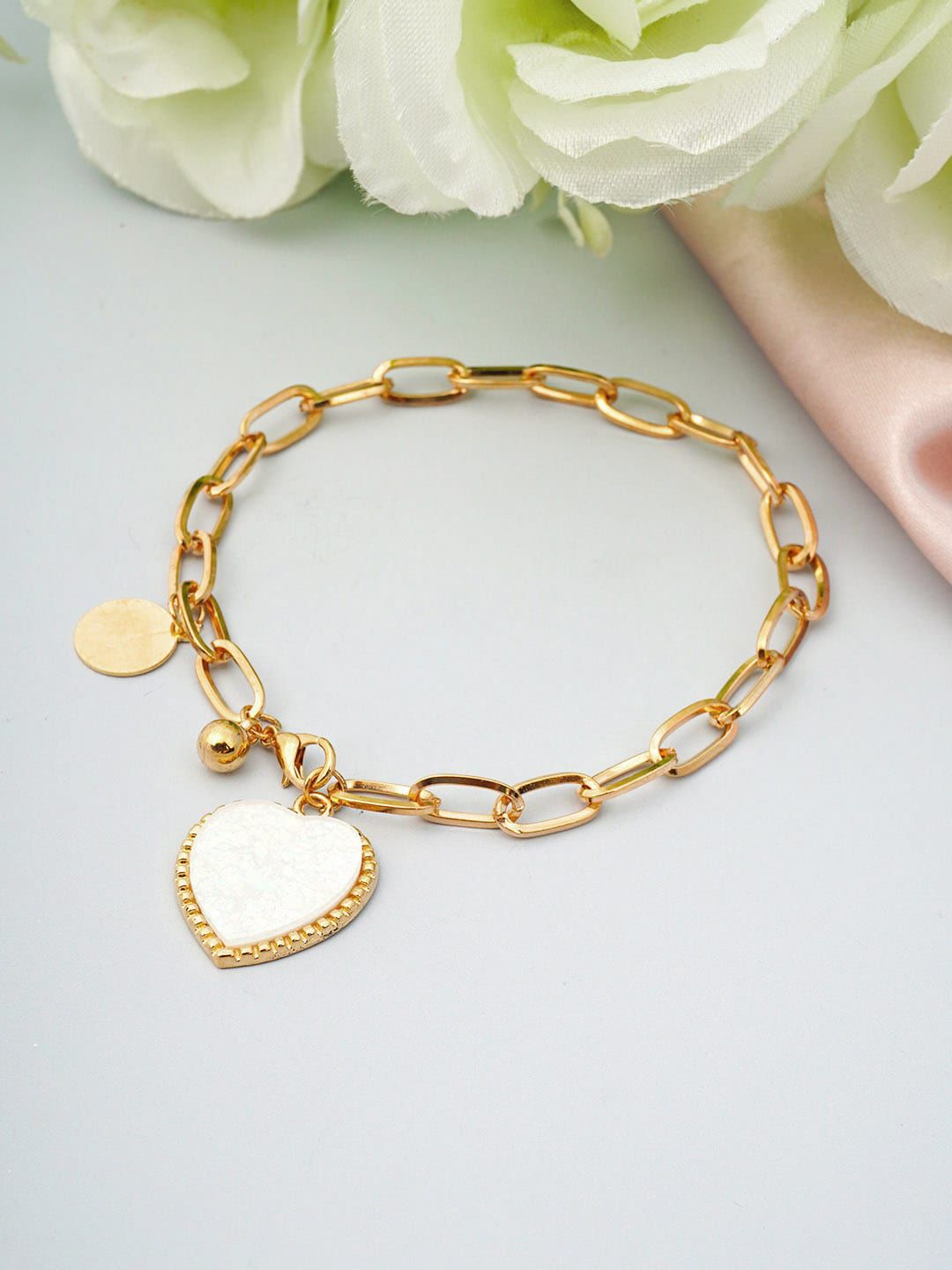 Ferosh Women Gold-Toned & White Link Heart Charm Bracelet Price in India