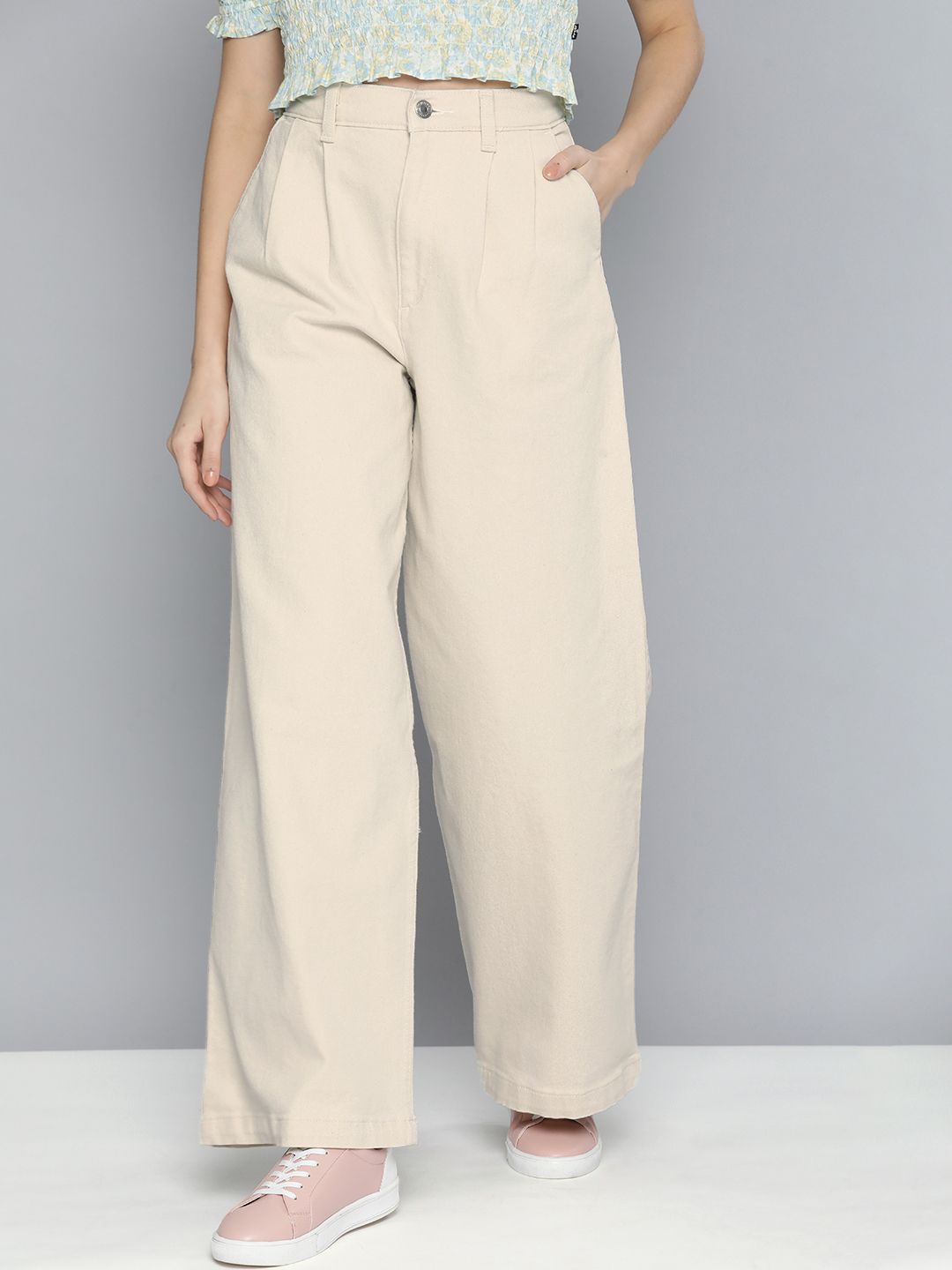 Levis Women Beige Wide Leg Fit High-Rise Pleated Chinos Price in India