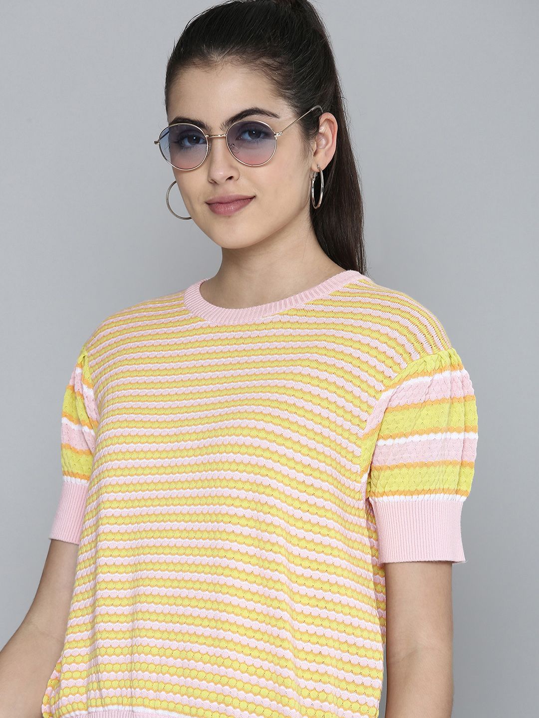 Levis Women Yellow & Pink Striped Sweatshirt Price in India
