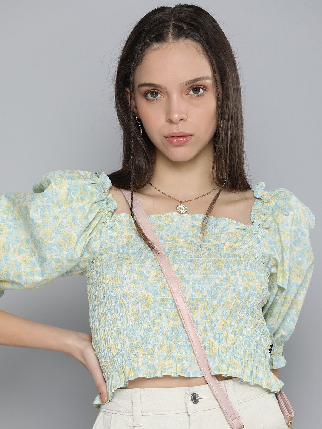 Levis Women Sea Green & Yellow Floral Print Blouson Smocked Crop Top Price in India