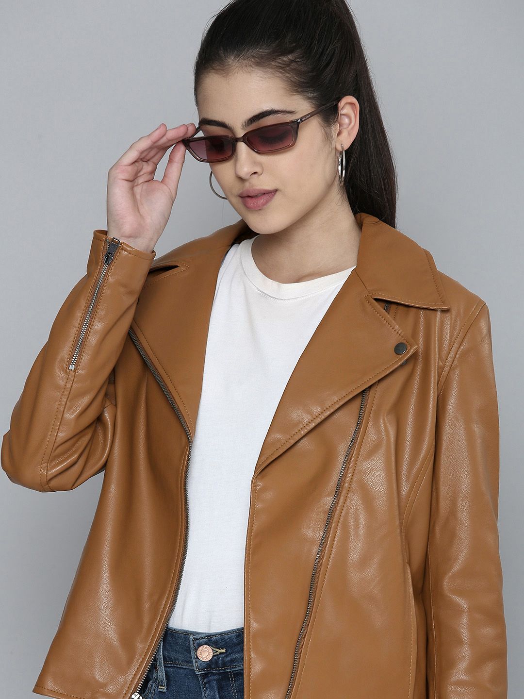 Levis Women Brown Solid Lapel Collar Casual Leather Jacket Price in India