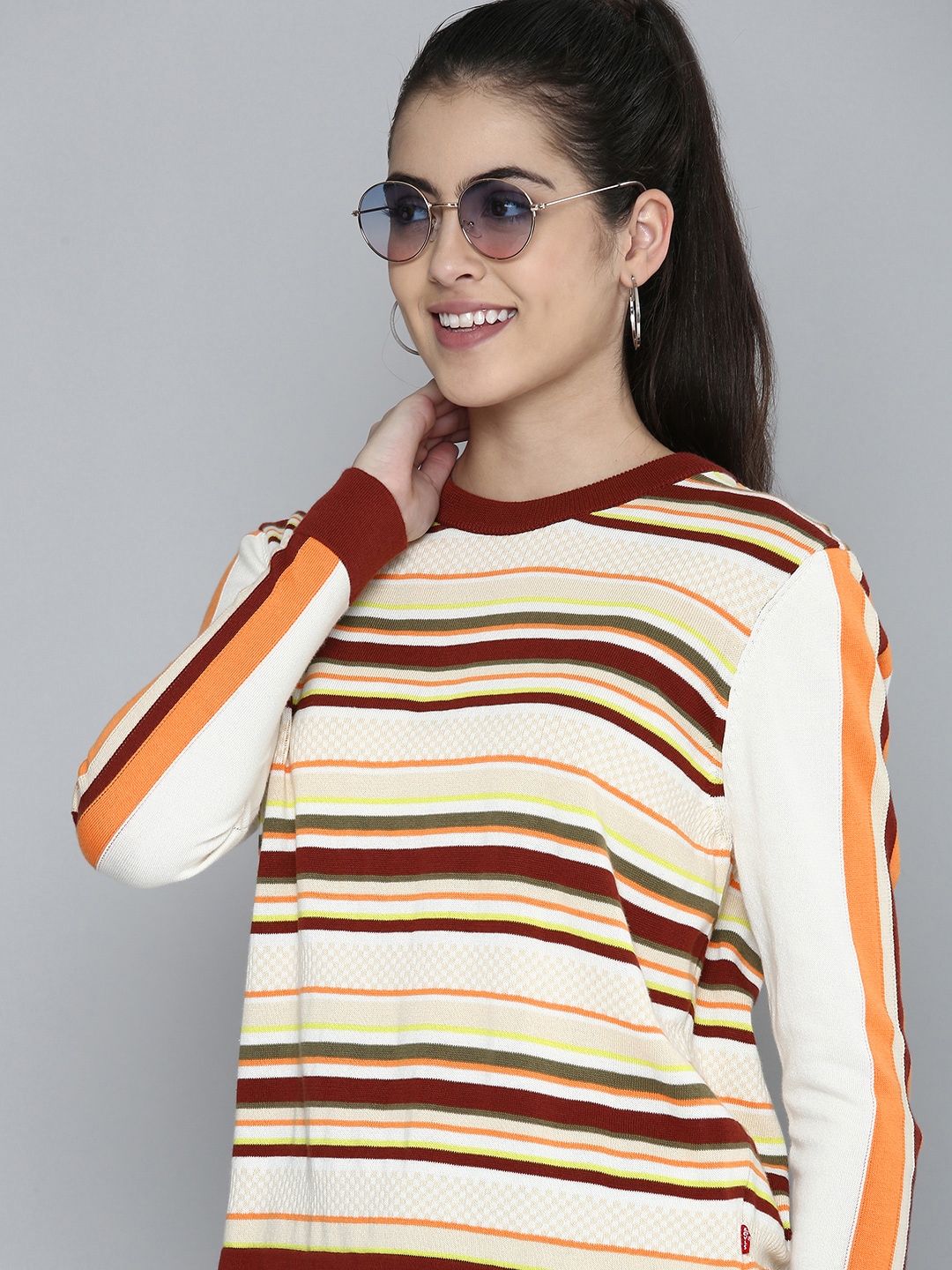Levis Women Beige & Brown Striped Sweatshirt Price in India