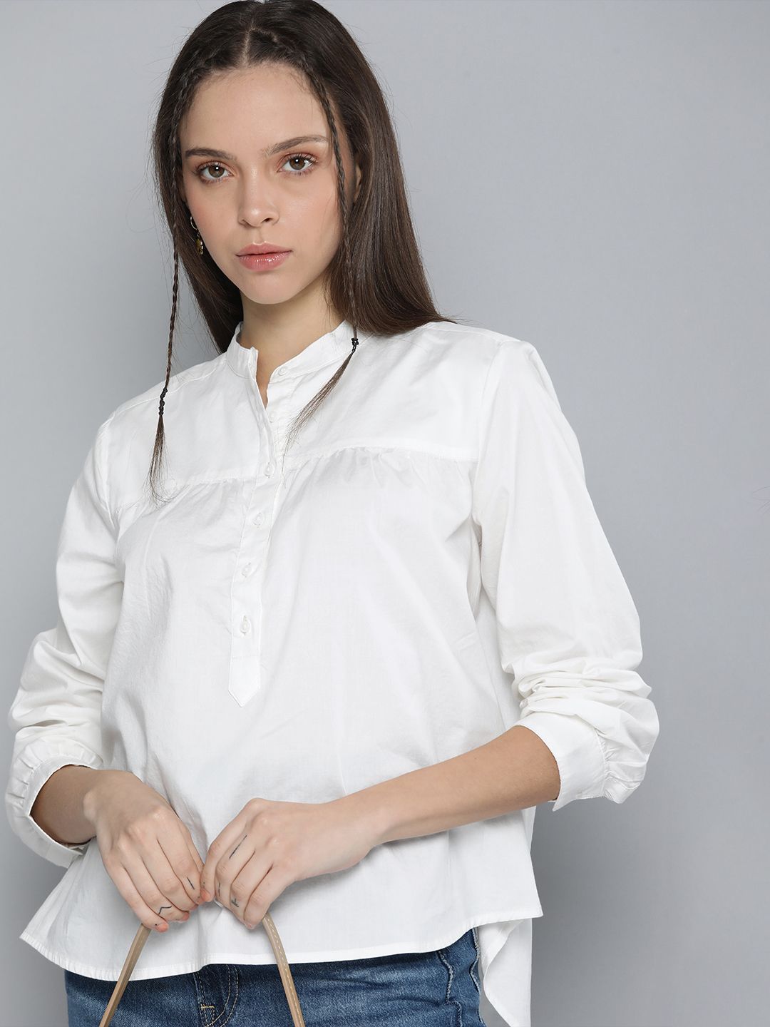 Levis Off White Mandarin Collar High Low Shirt Style Top Price in India