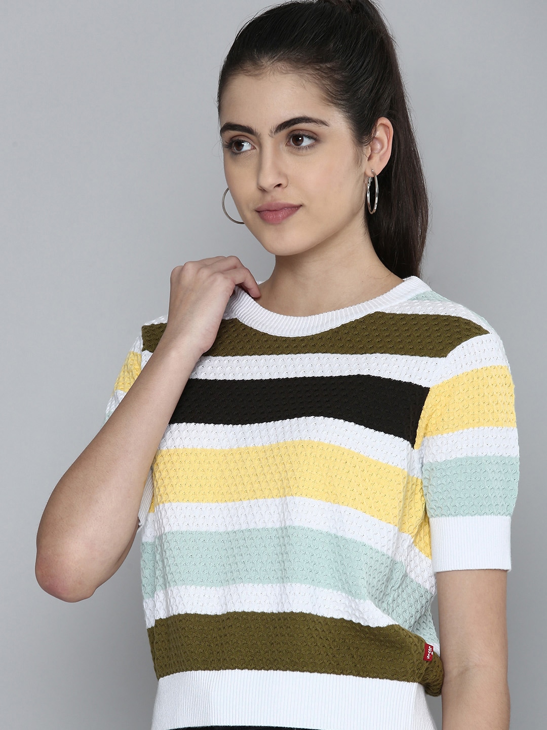 Levis Women White & Olive Green Striped Sweatshirt Price in India