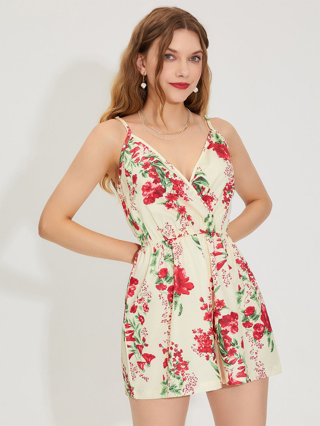 URBANIC Peach-Coloured & Red Printed Jumpsuit Price in India