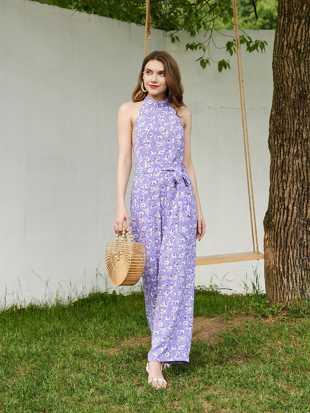 URBANIC Purple & White Cowl Neck Printed Basic Jumpsuit Price in India