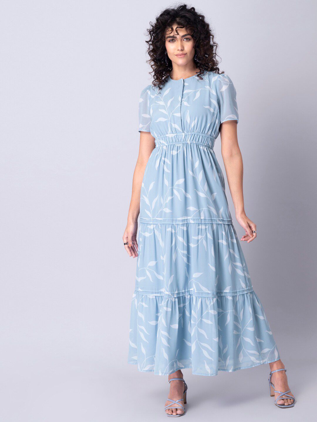 FabAlley Blue Tropical Printed Georgette Ruched Waist Tiered Maxi Dress Price in India