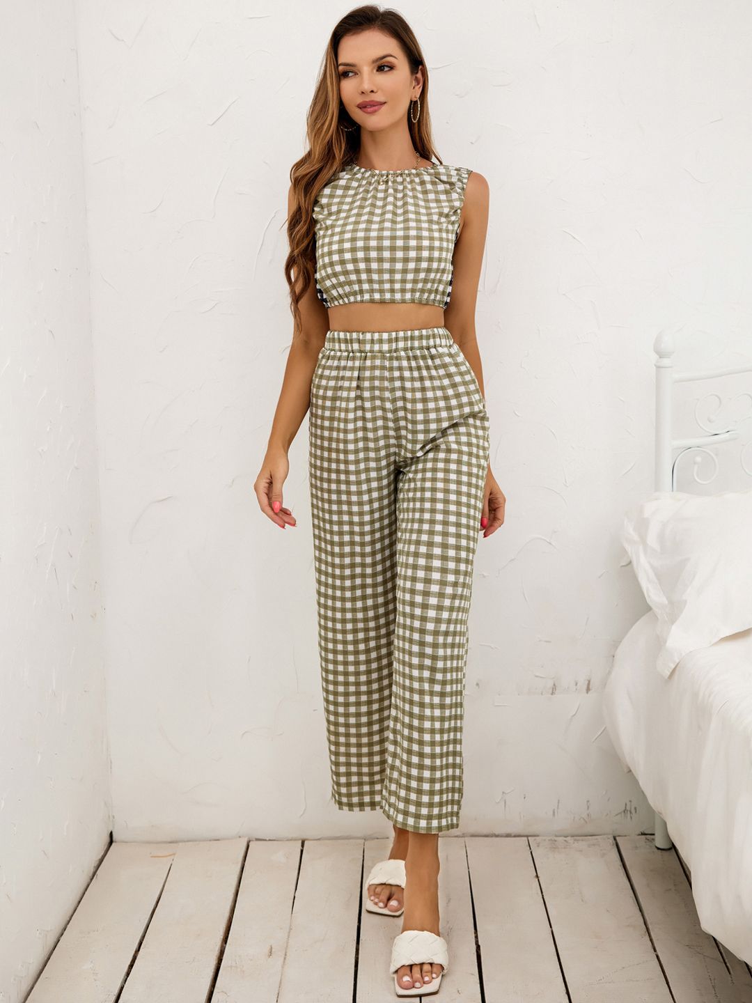 URBANIC Women Green & White Checked Night Suit Price in India