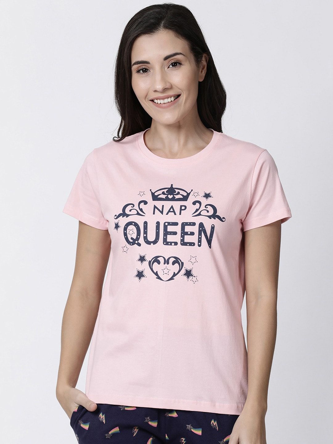 Kryptic Women Pink & Black Printed Pure Cotton Lounge T-shirt Price in India