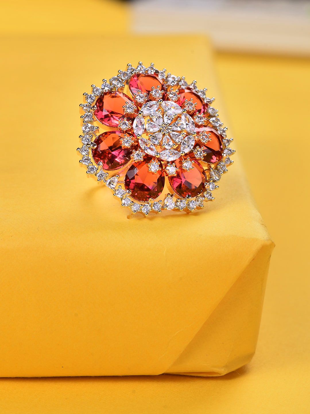 Saraf RS Jewellery Women Rose Gold-Plated White & Red AD-Stone Studded Finger Ring Price in India