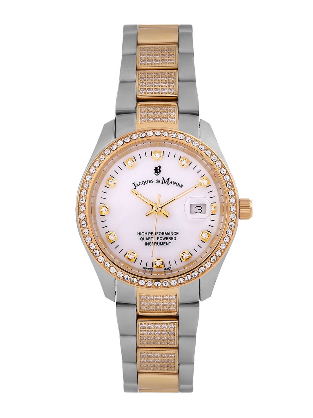 JACQUES du MANOIR Women White Brass Embellished Dial & Silver Toned Stainless Steel Bracelet Style Straps Watch Price in India