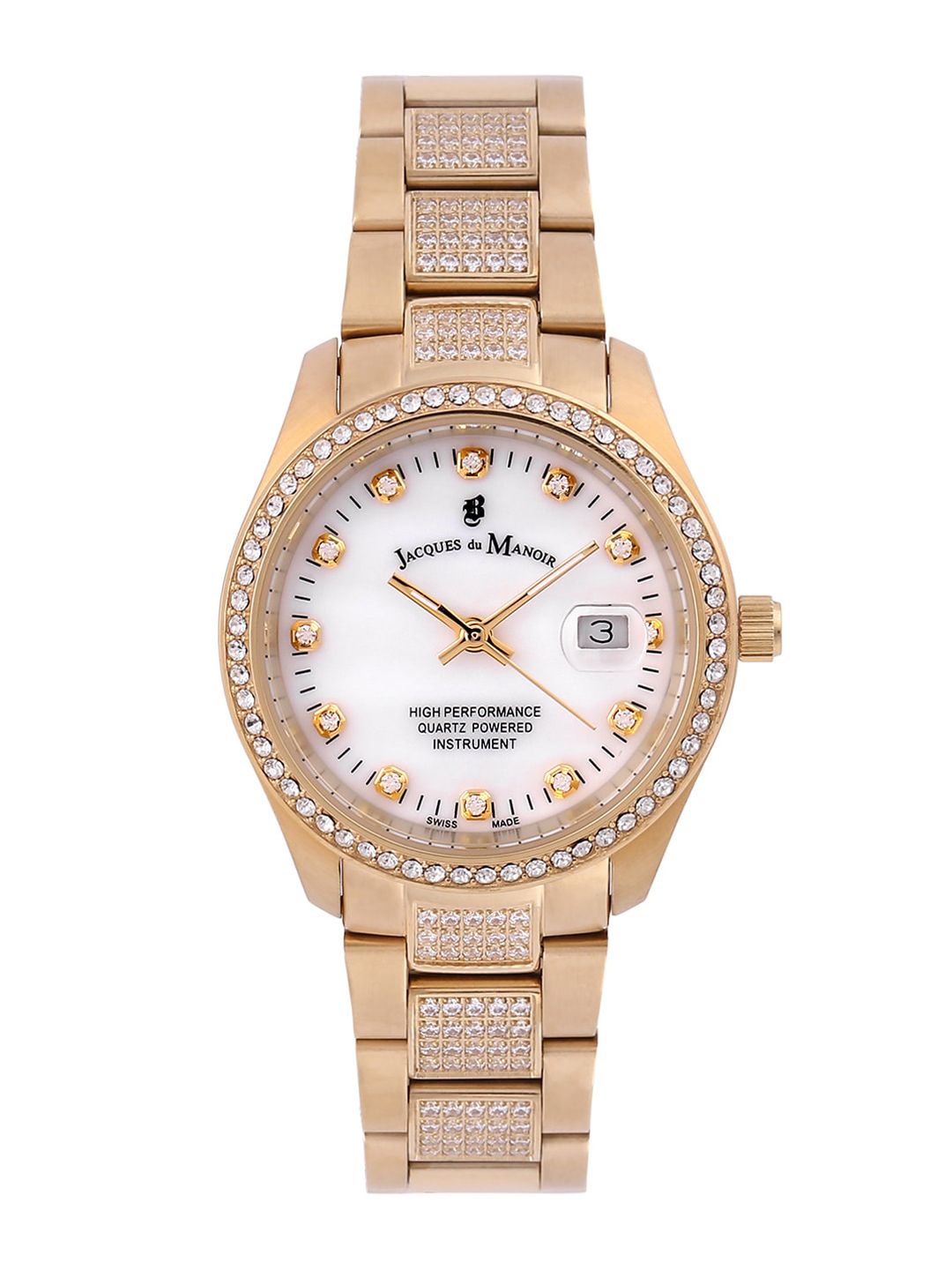 JACQUES du MANOIR Women White Brass Embellished Dial & Gold Toned Stainless Steel Bracelet Style Straps Watch Price in India