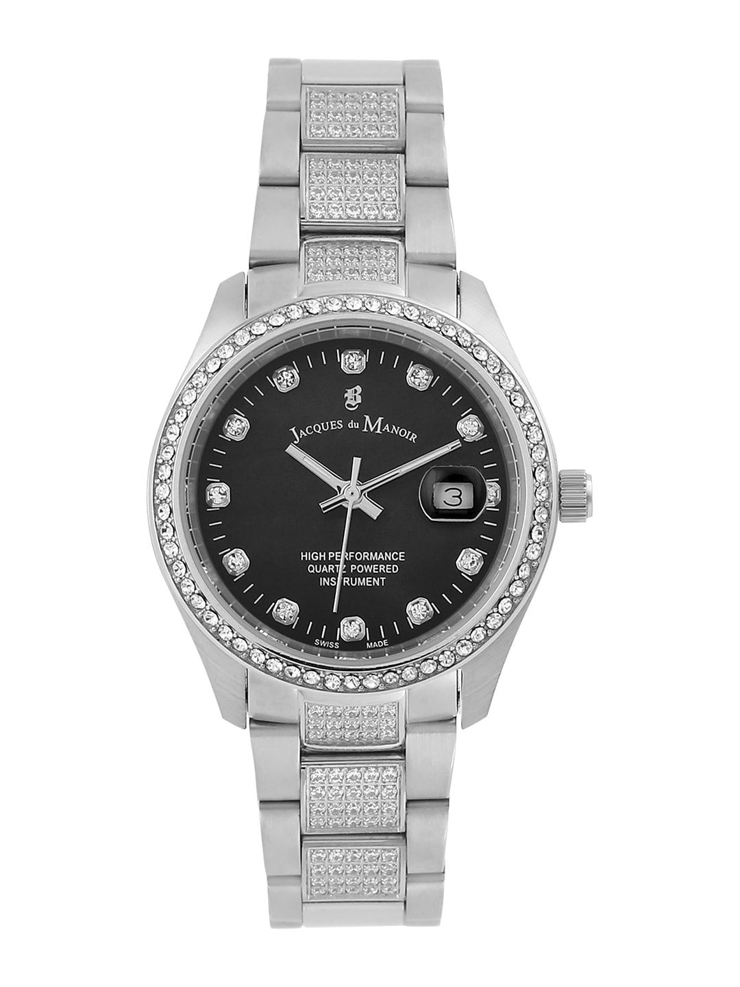 JACQUES du MANOIR Women Black Brass Mother of Pearl Dial & Silver Toned Stainless Steel Bracelet Style Watch Price in India