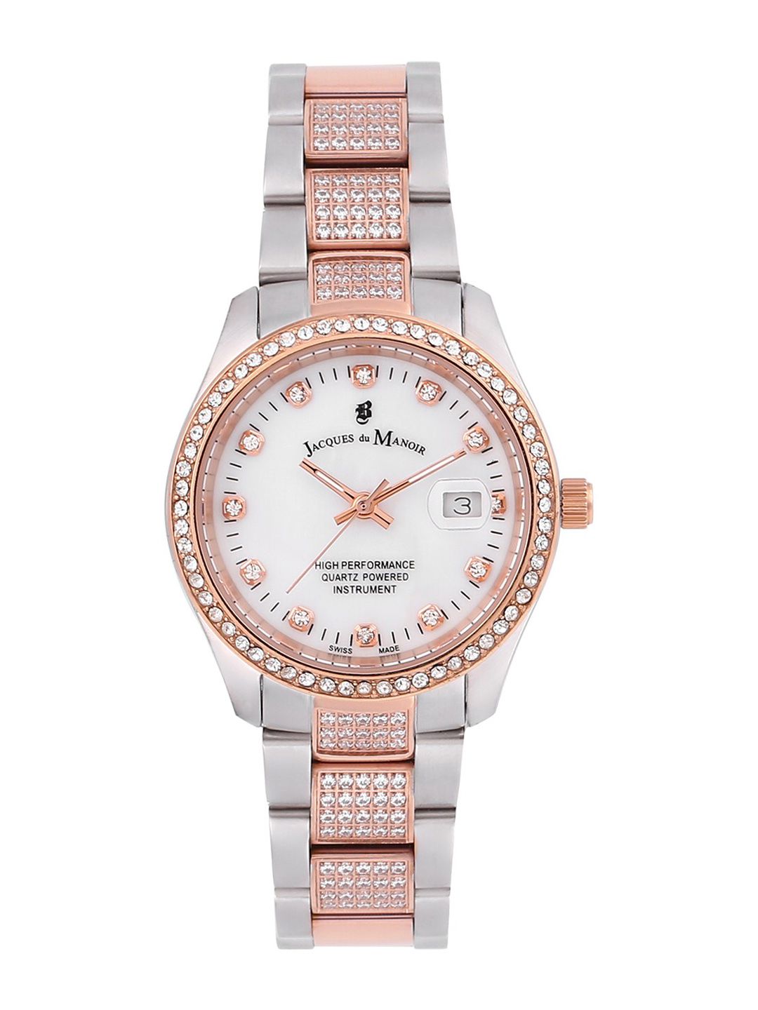 JACQUES du MANOIR Women White Brass Embellished Dial & Silver Toned Stainless Steel Bracelet Style Straps Watch Price in India