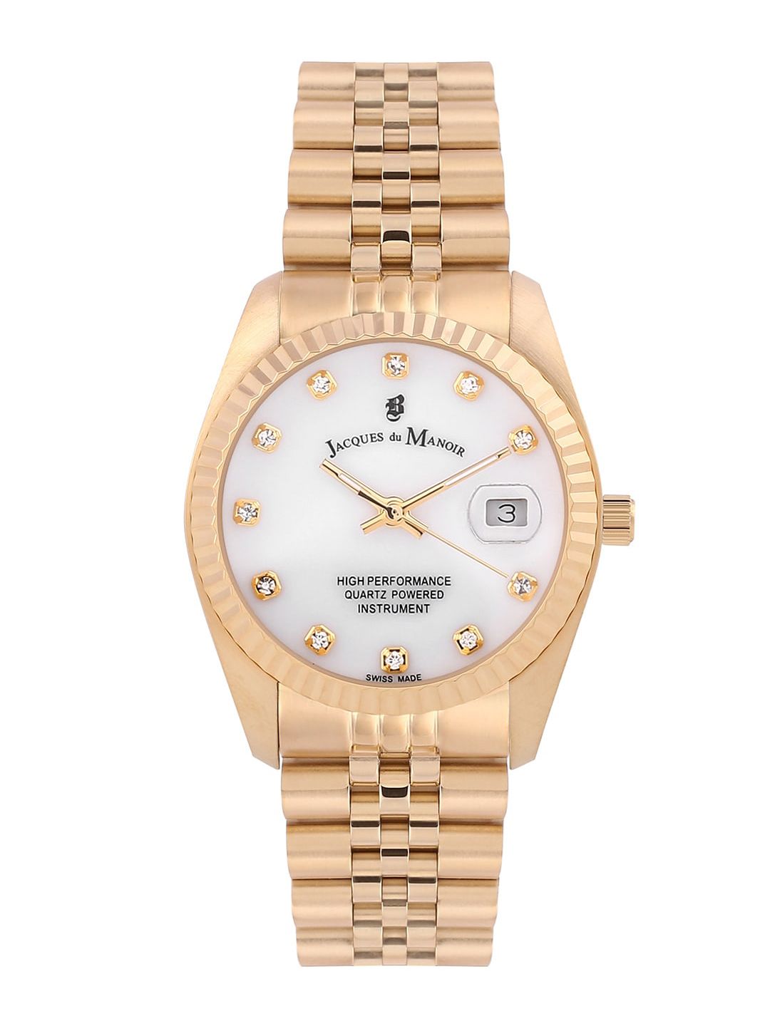 JACQUES du MANOIR Women White Brass Embellished Dial & Gold Toned Stainless Steel Bracelet Style Straps Watch Price in India