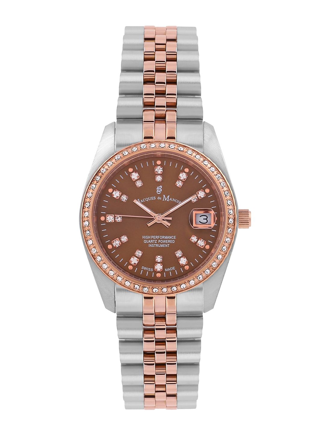 JACQUES du MANOIR Women Brown Brass Embellished Dial & Multicoloured Stainless Steel Bracelet Style Straps Watch Price in India