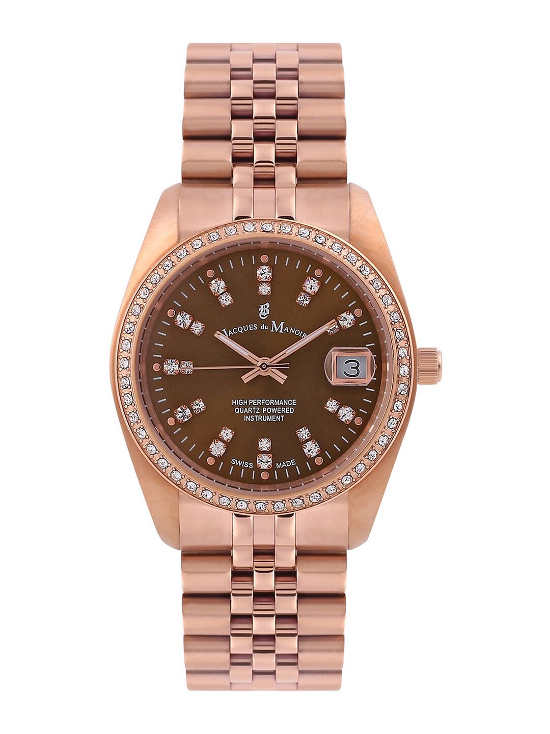 JACQUES du MANOIR Women Brown Brass Embellished Dial & Rose Gold Toned Stainless Steel Bracelet Style Straps Watch Price in India