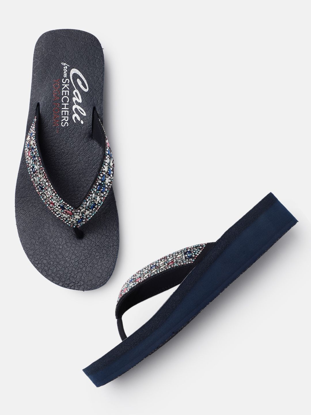Skechers Women Navy Blue Embellished T-Strap Flats Price in India