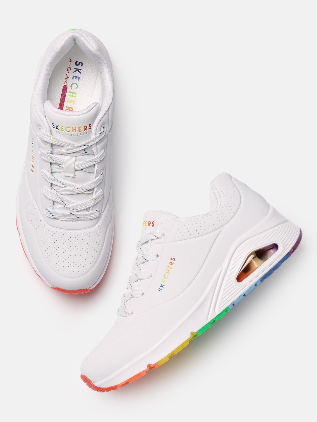 Skechers Women White Solid Uno Rainbow Peaks Regular Sneakers with Perforations Detail Price in India