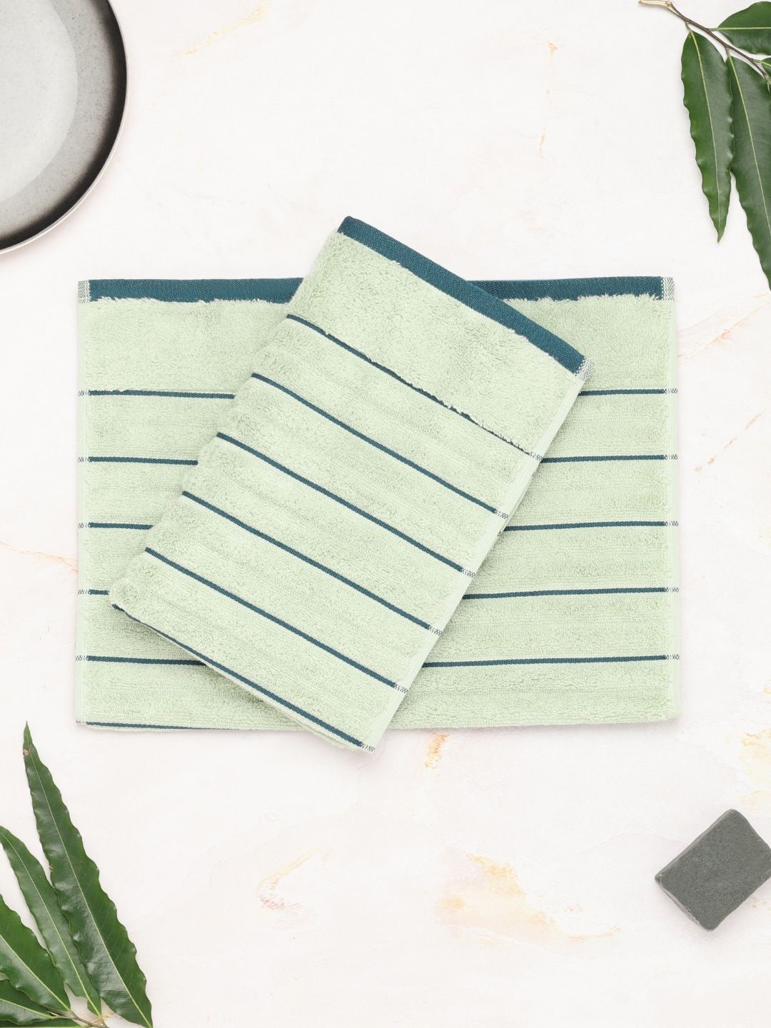 SPACES Set Of 2 Green Striped 575 GSM Pure Cotton Hand Towels Price in India