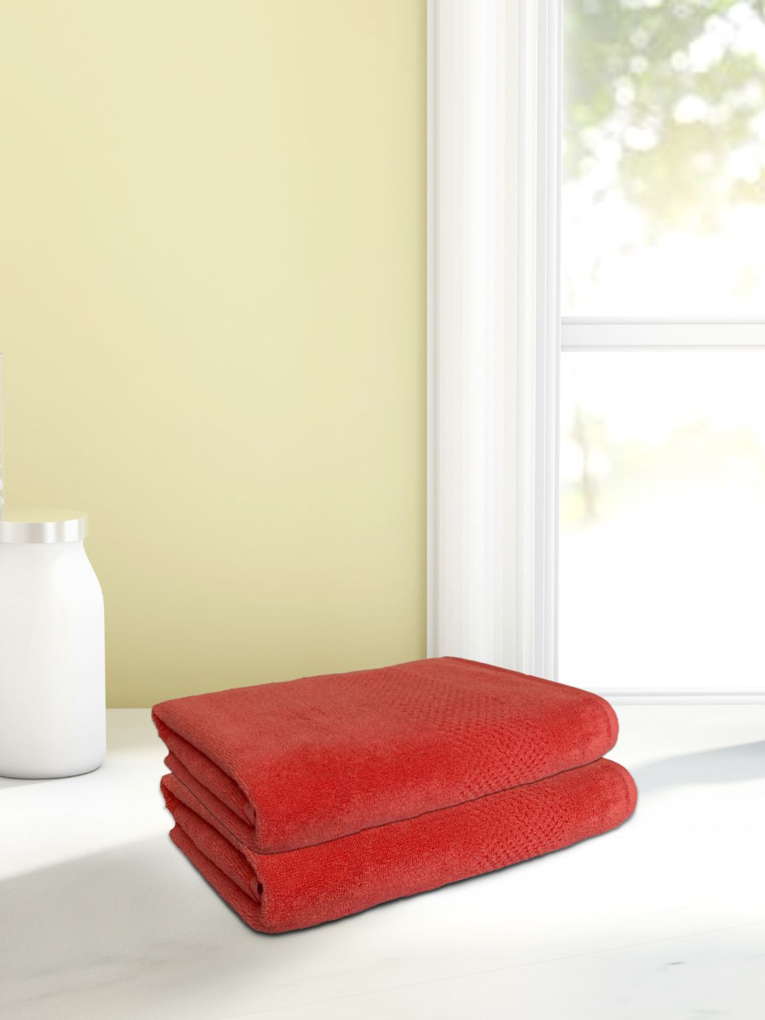 SPACES Set Of 2 Red Solid Cotton 450 GSM Hand Towels Price in India
