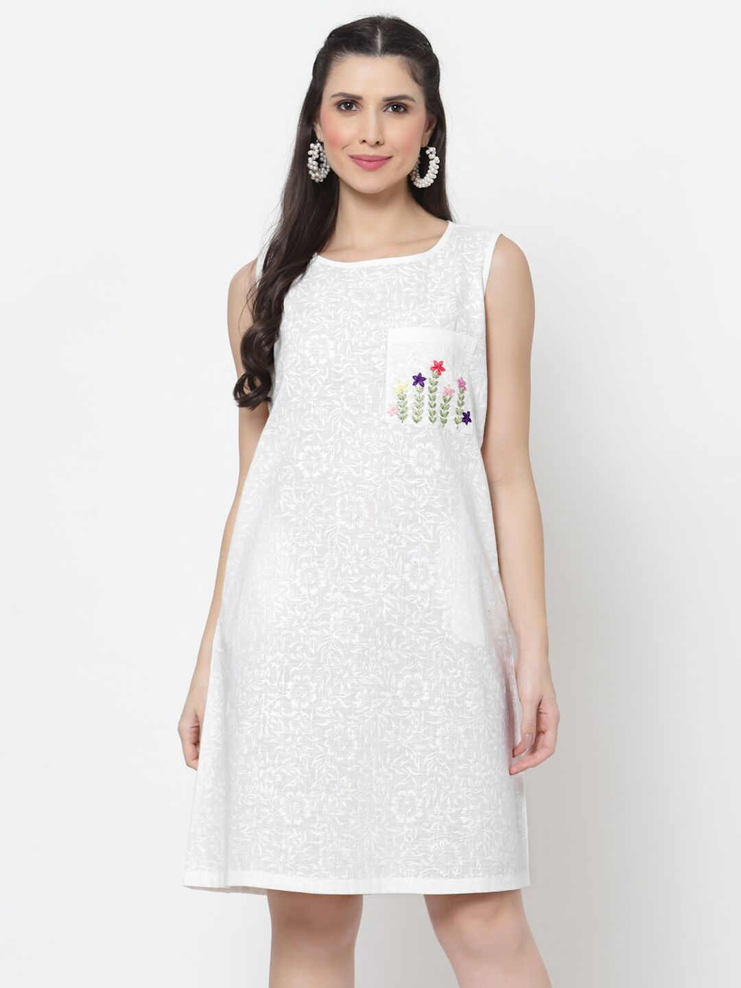 DART STUDIO Women Pure Cotton Embroidered White A-Line Dress Price in India