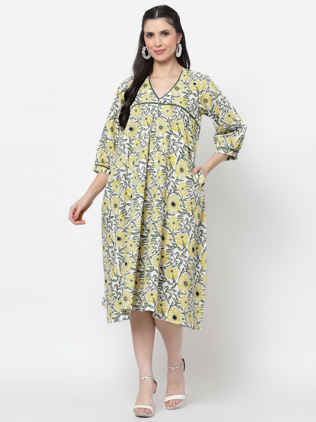 DART STUDIO Yellow Floral A-Line Midi Dress Price in India