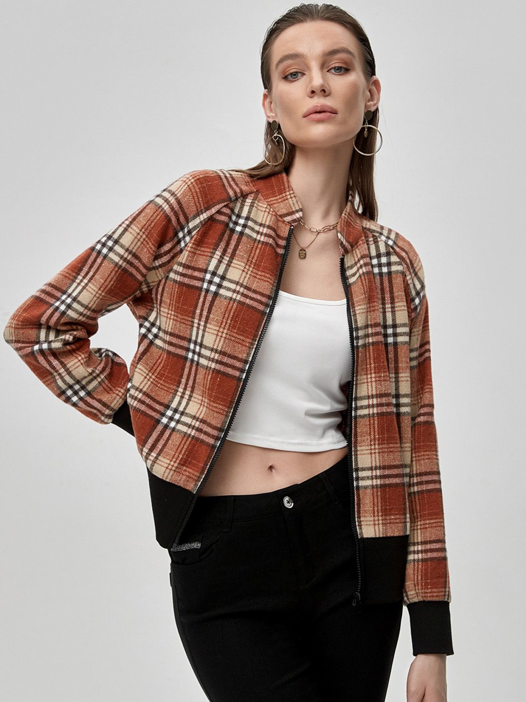 URBANIC Women Brown Checked Bomber Jacket Price in India