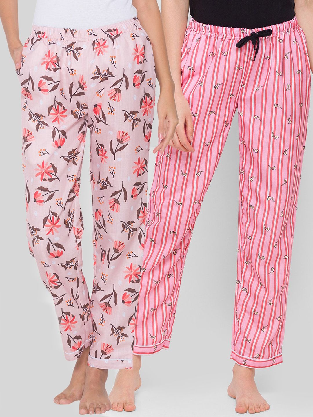 FashionRack Women Pink Pack Of 2 Stripe,Tulips Printed Lounge Pants Price in India