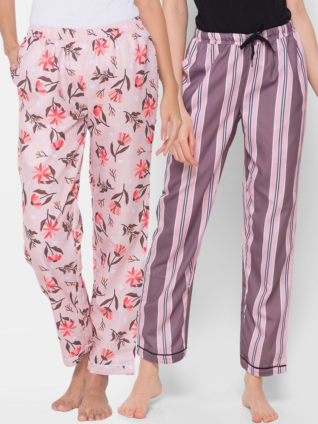 FashionRack Women Pack of 2 Pink and Purple Printed Cotton Lounge Pants Price in India