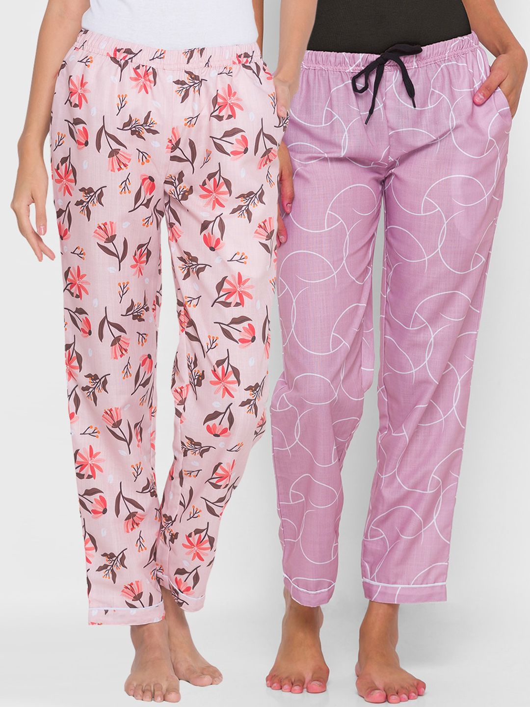 FashionRack Women Pack Of 2 Pink & Brown Printed Lounge Pants Price in India