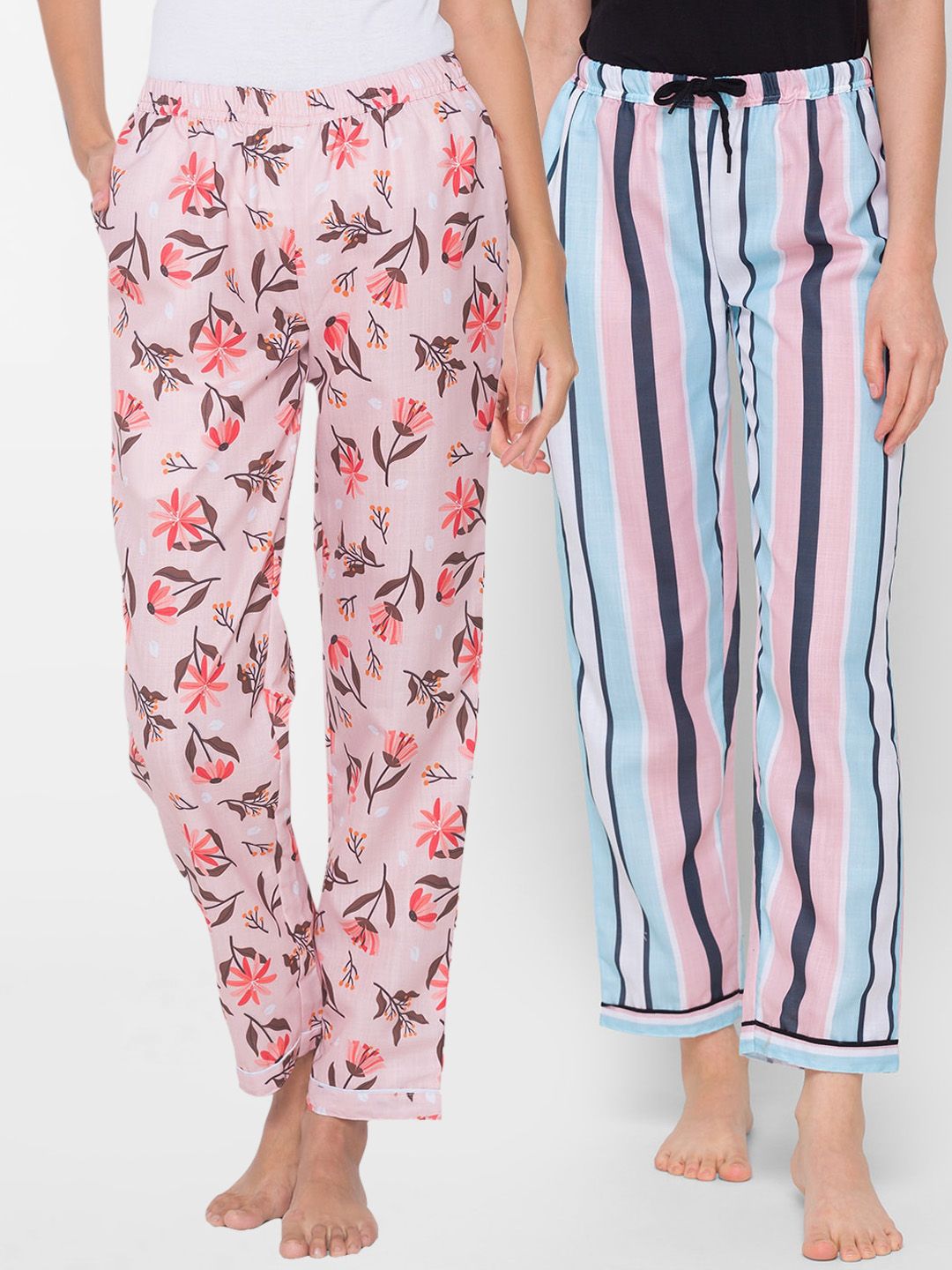 FashionRack Women Pack of 2 Pink & Blue Printed Cotton Lounge Pants Price in India