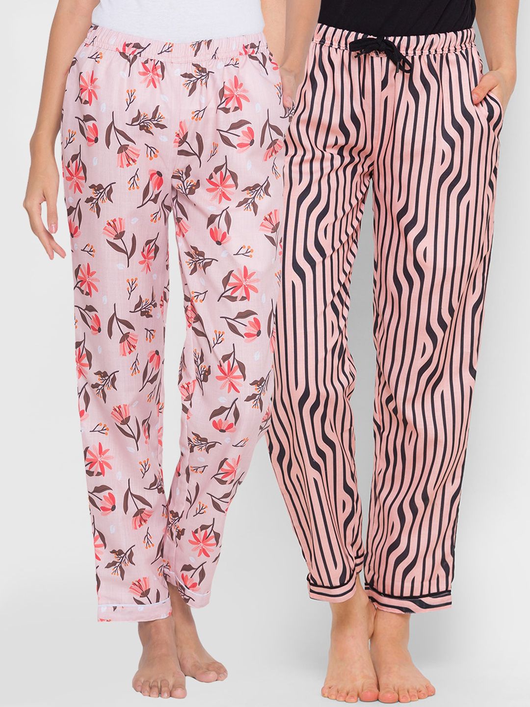 FashionRack Women Pack Of 2 Pink & Black Printed Lounge Pants Price in India