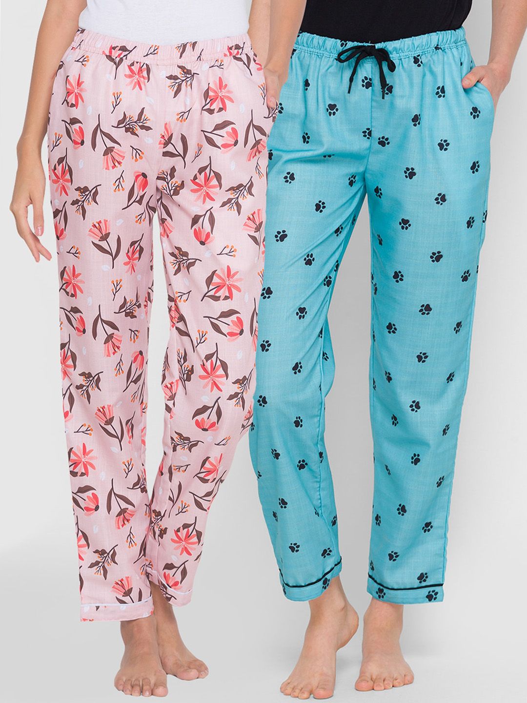 FashionRack Pack of 2 Women Pink & Blue Printed Cotton Lounge Pants Price in India