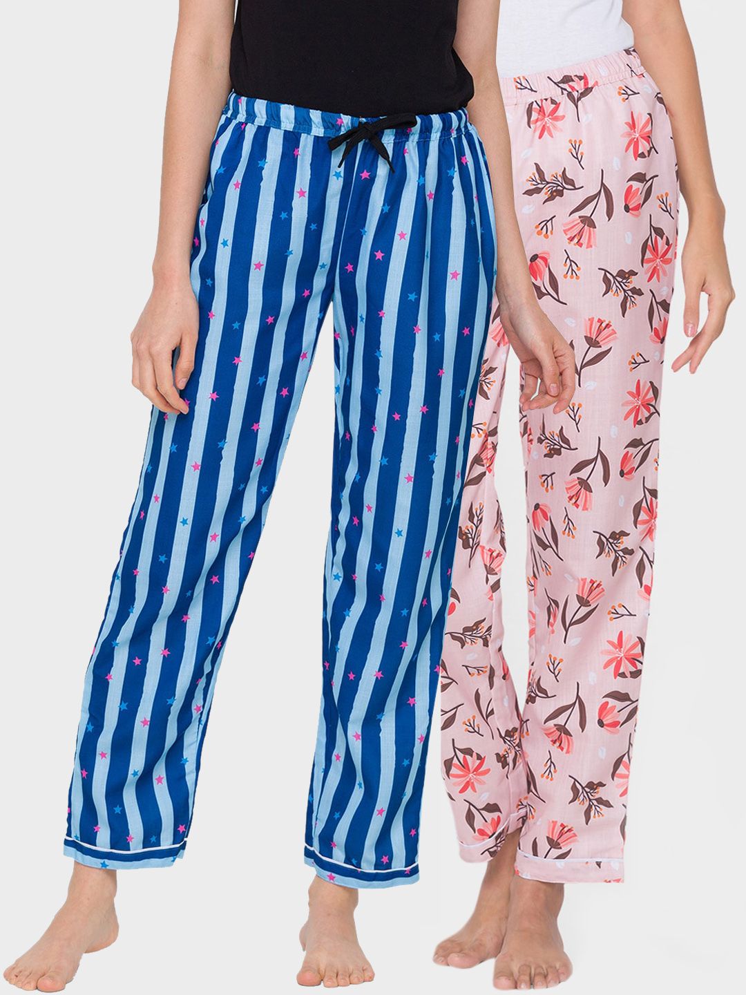 FashionRack Women Pack of 2 Pink & Blue Printed Cotton Lounge Pants Price in India