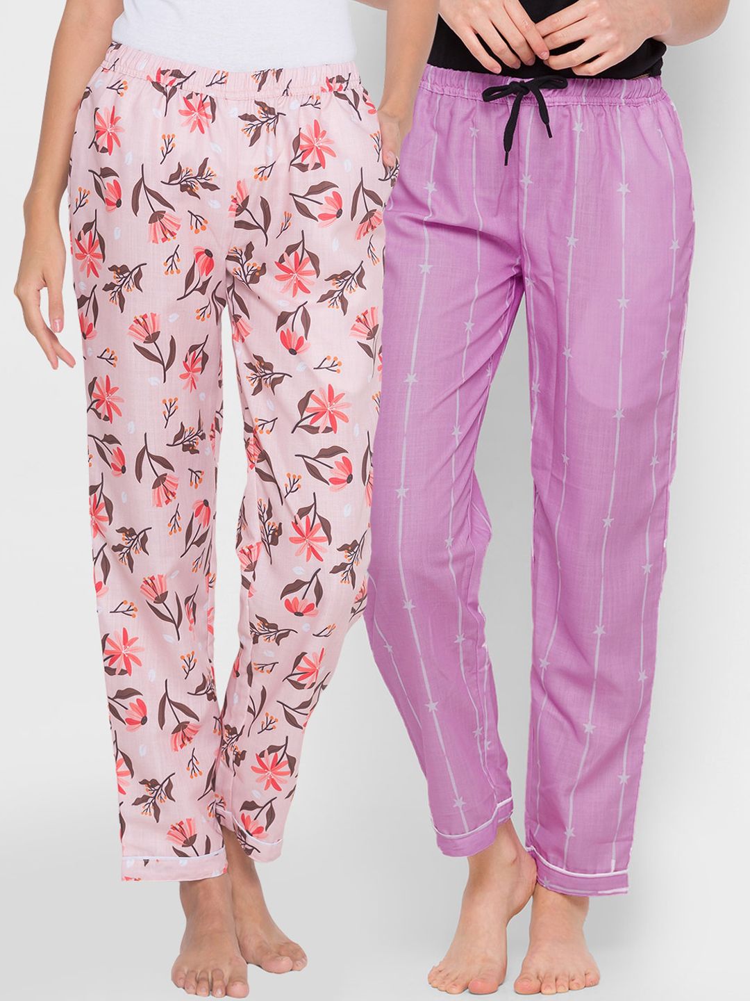 FashionRack Women Pink and Purple Pack of 2 Printed Cotton Lounge Pants Price in India