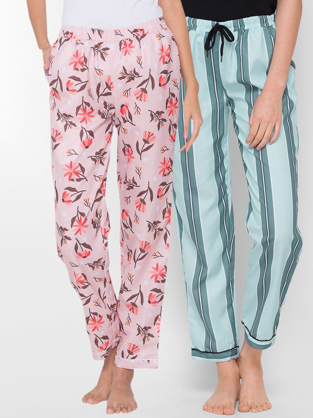 FashionRack Pack of 2 Women Pink & Blue Printed Lounge Pants Price in India