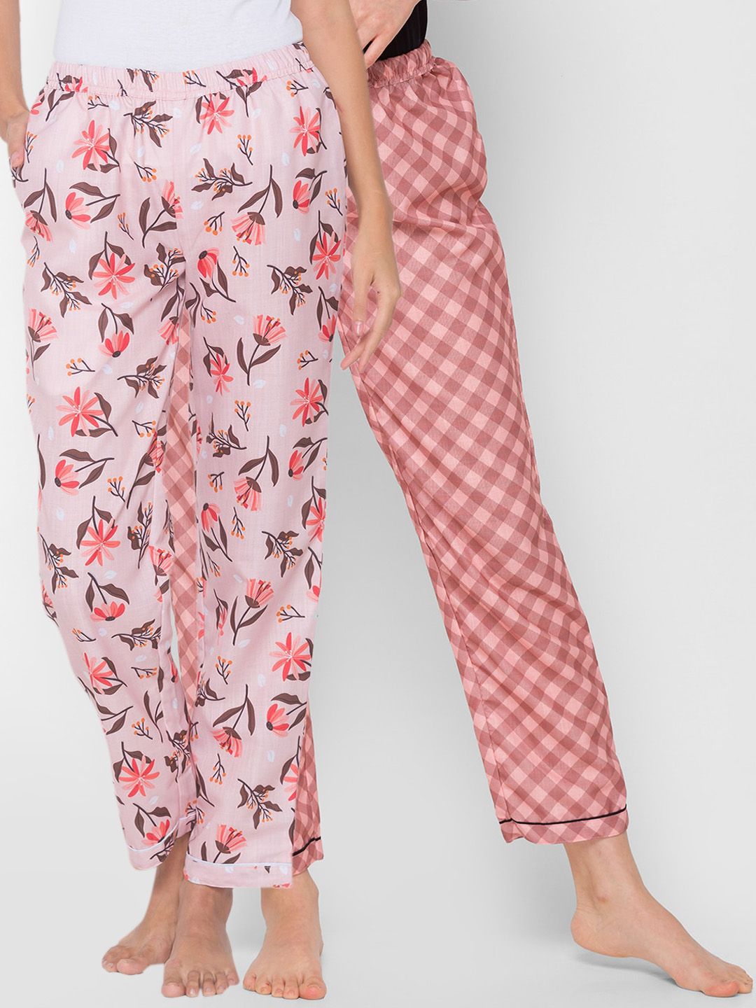 FashionRack Women Pink & Rust  Pack of 2 Printed Cotton Lounge Pants Price in India