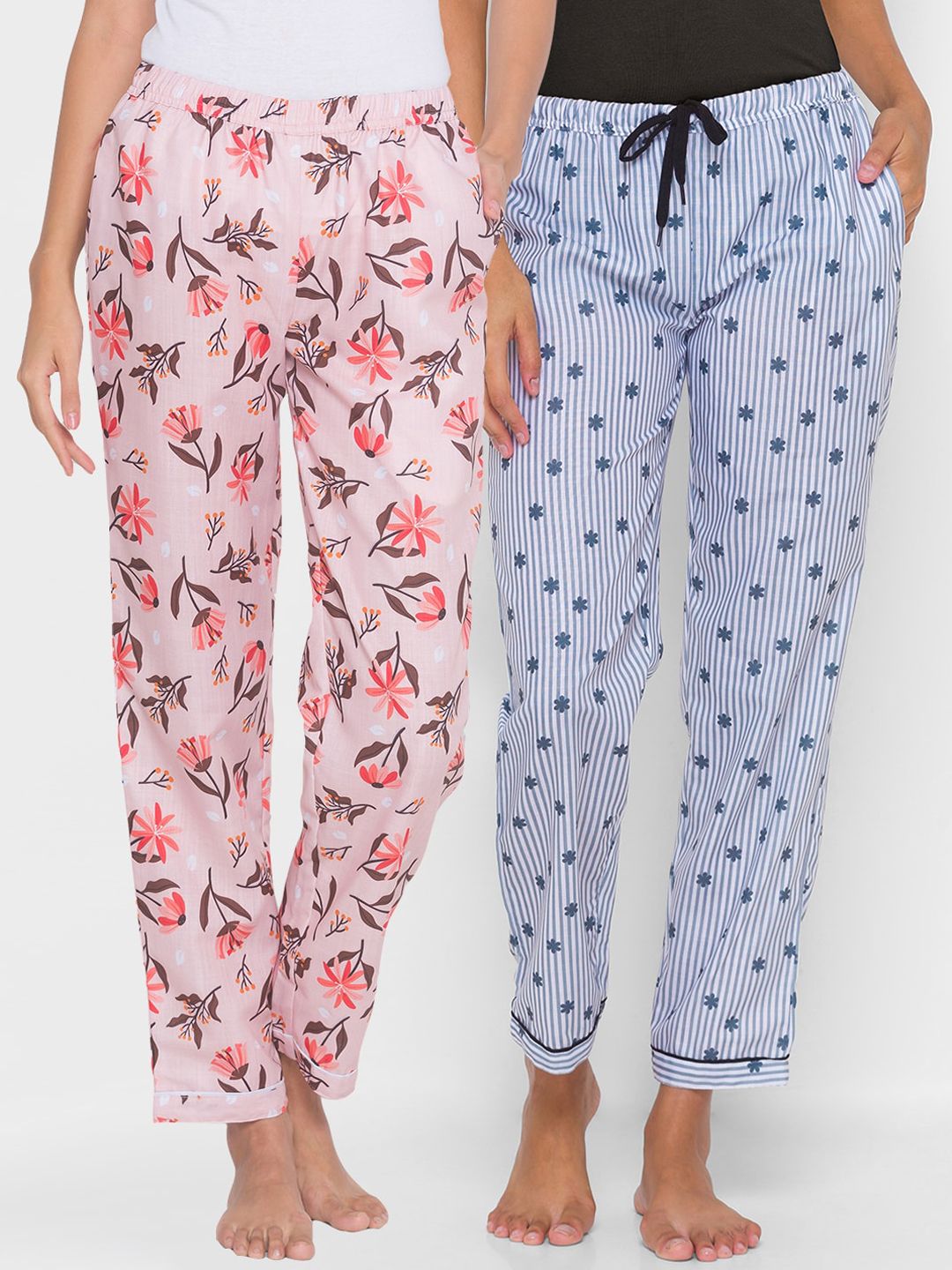 FashionRack Women Pack of 2 Pink & Grey Printed Cotton Lounge Pants Price in India