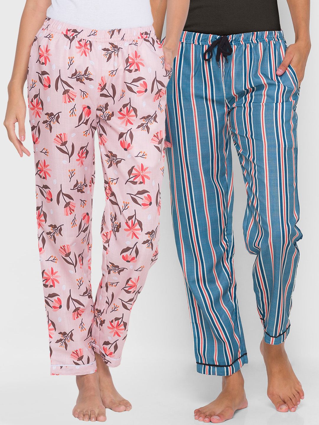 FashionRack Pack of 2 Pink & Blue Printed Cotton Lounge Pants Price in India