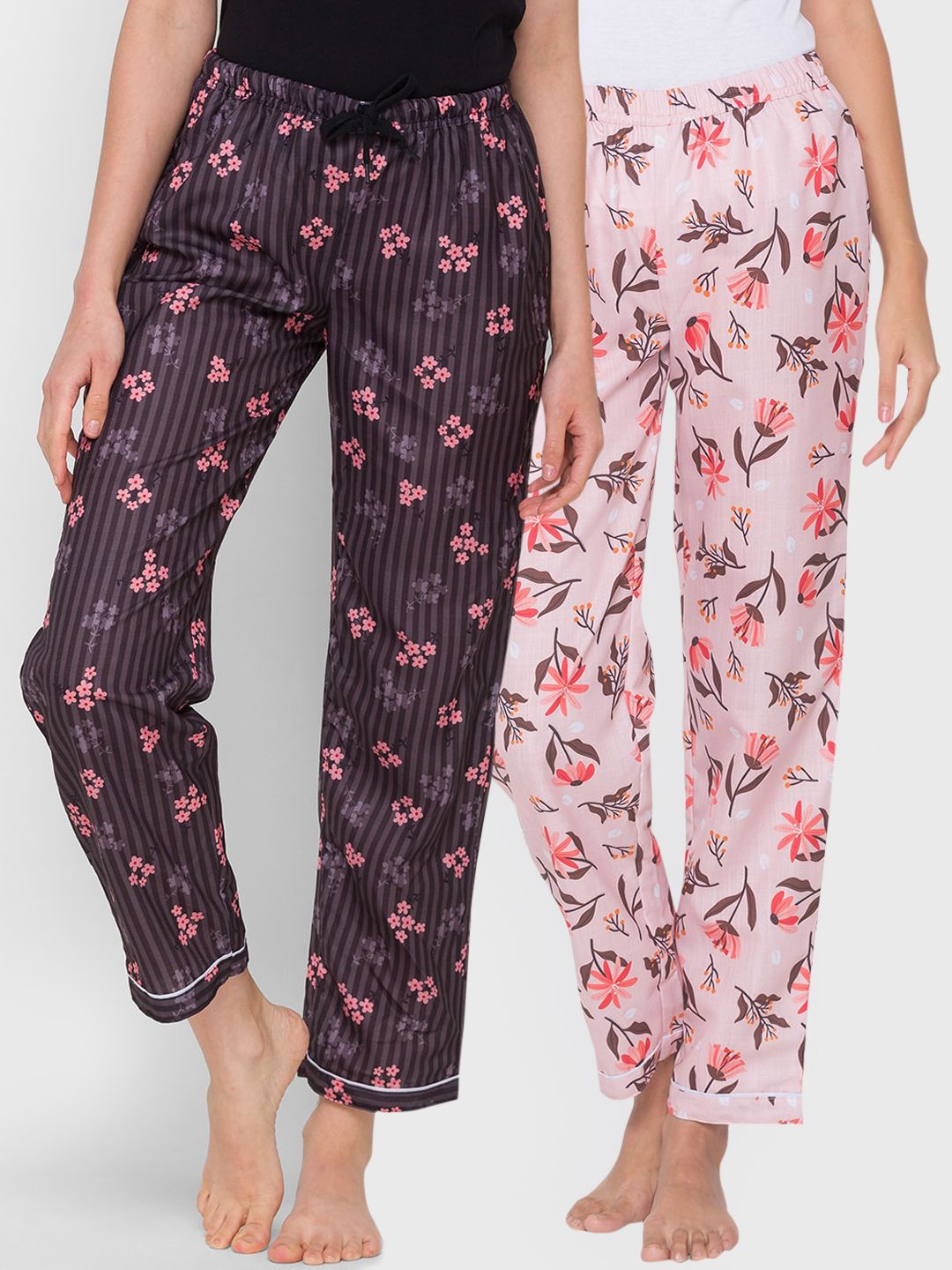 FashionRack Women Pack of 2 Pink & Brown Printed Cotton Lounge Pants Price in India