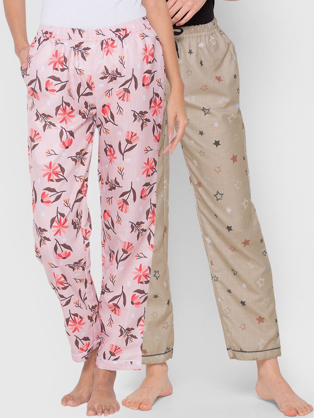 FashionRack Women Pack of 2 Pink & Beige Printed Cotton Lounge Pants Price in India