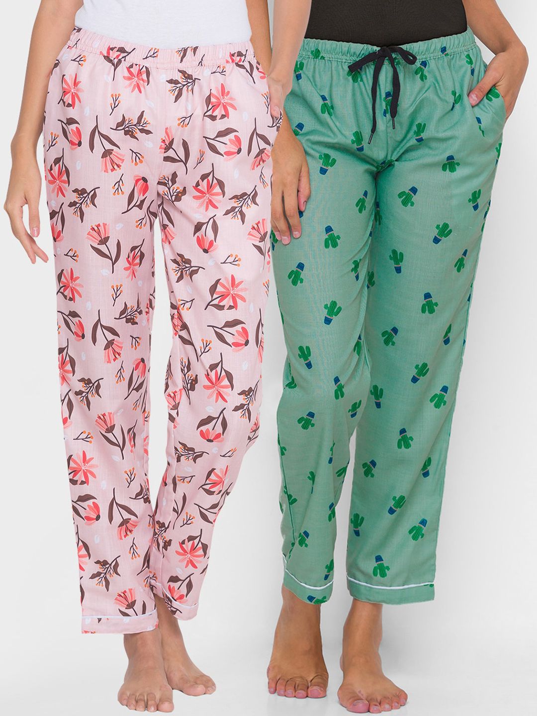 FashionRack Women Pink & Green Pack of 2 Printed Lounge Pants Price in India