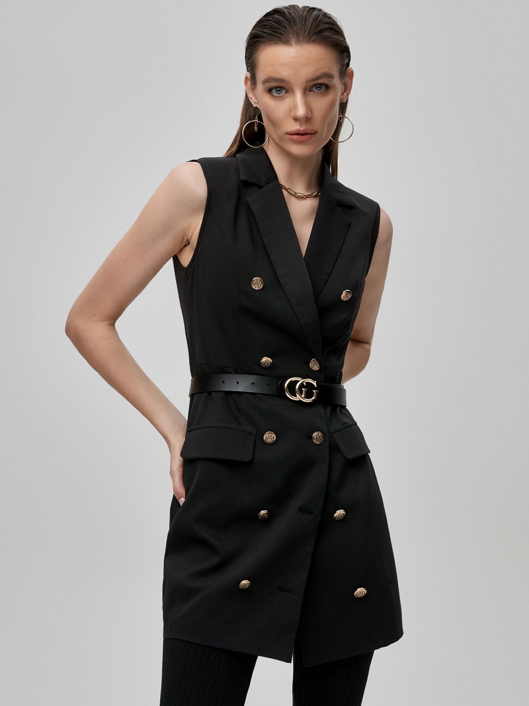 URBANIC Women Black Solid Double-Breasted Button Vest Blazer Price in India