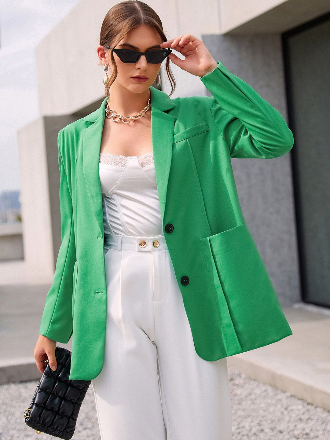 URBANIC Women Green Solid Single-Breasted Casual Blazer Price in India