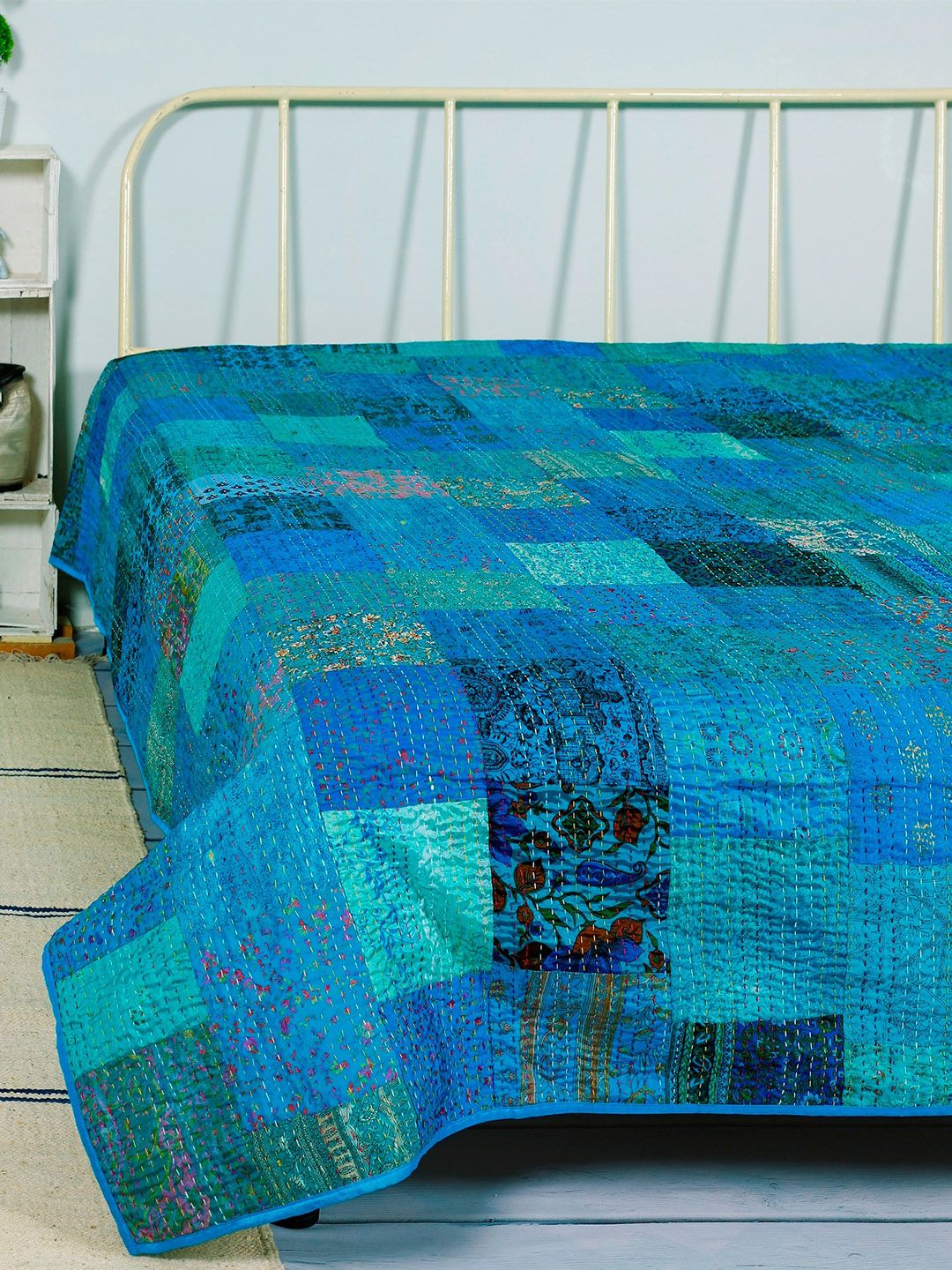 HANDICRAFT PALACE Women Turquoise-Blue Kantha Patchwork Double Queen Bed Covers Price in India