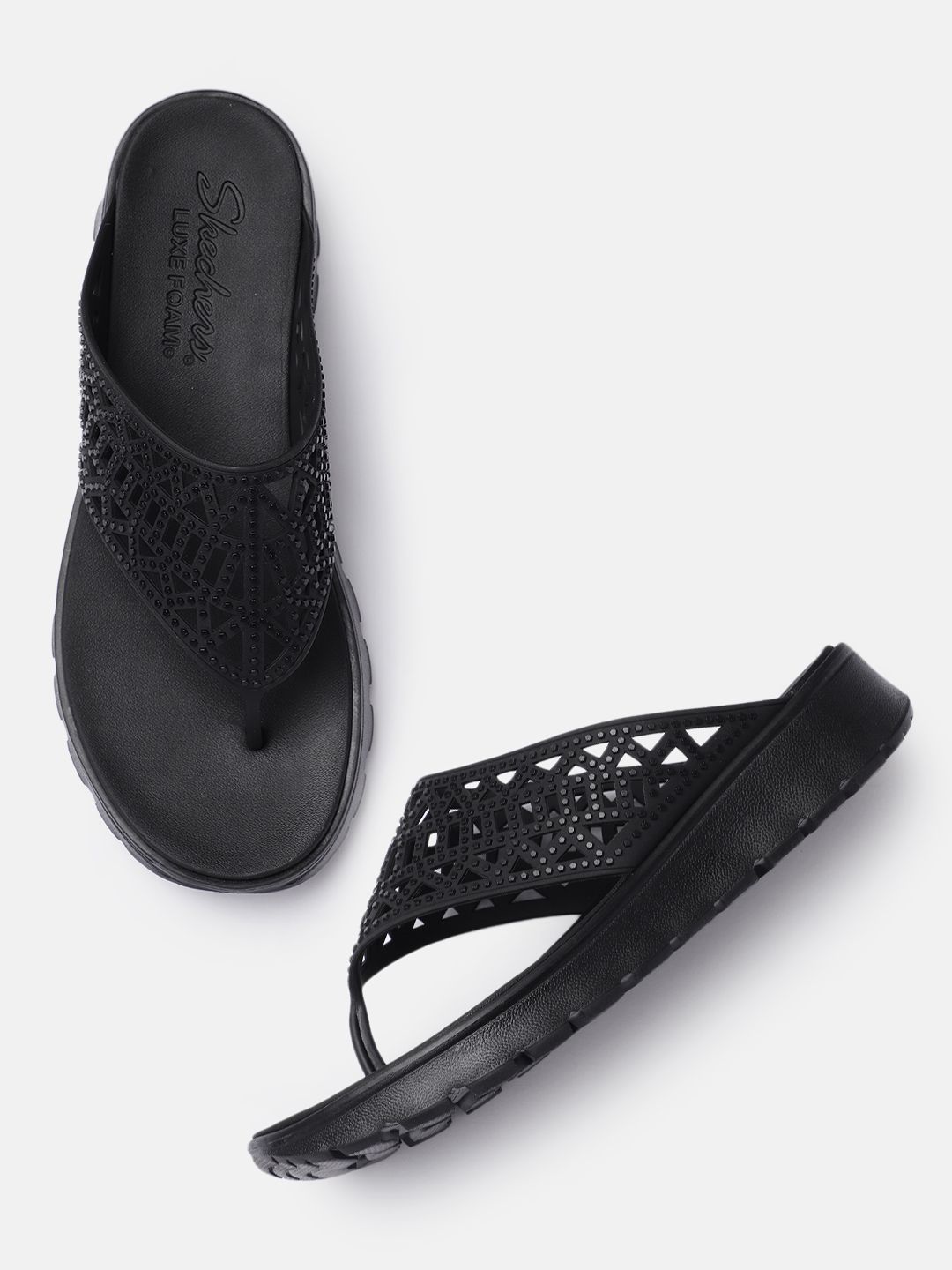 Skechers Women Black Embellished T-Strap Flats Price in India