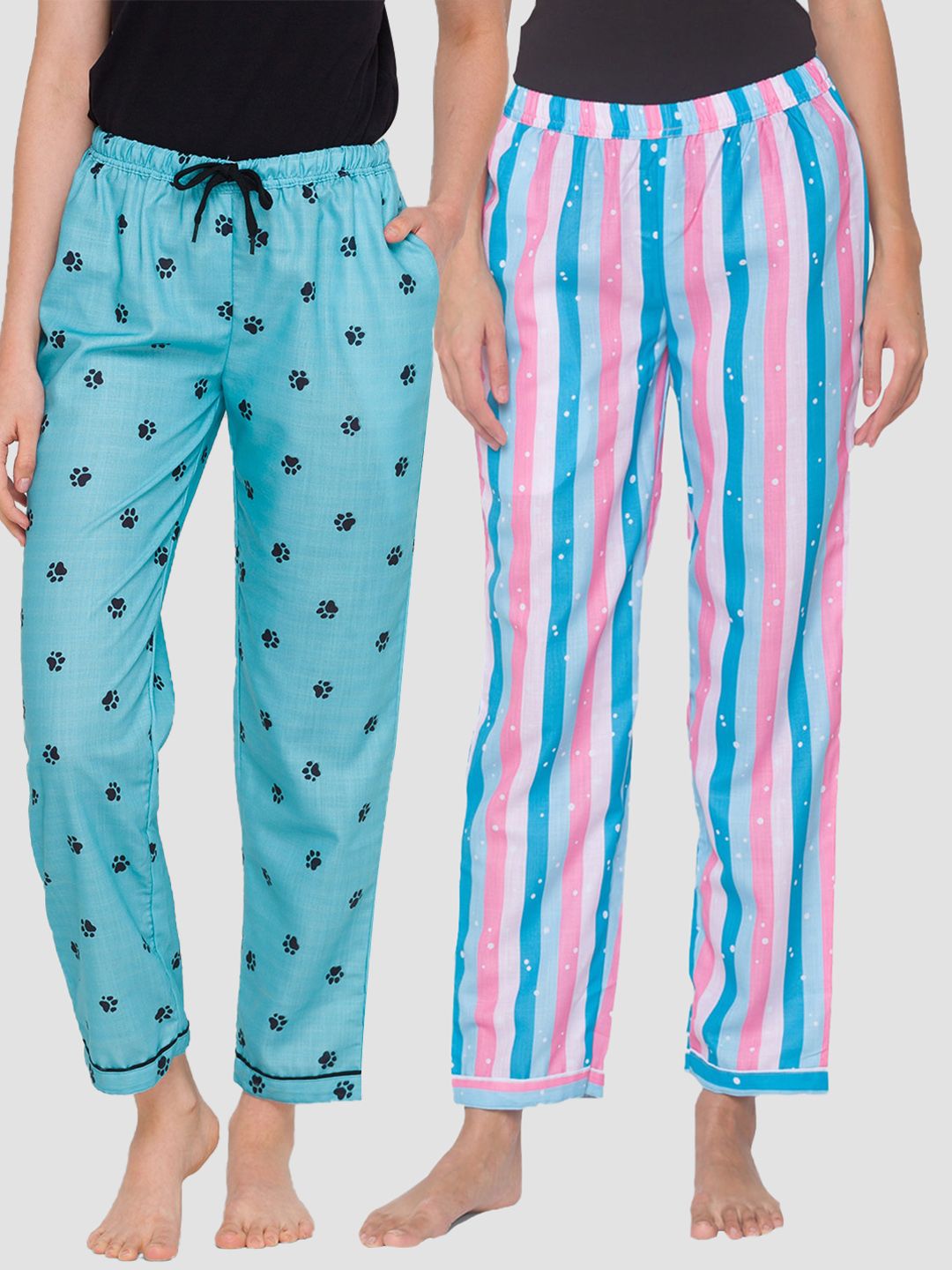 FashionRack Women Pink and Blue Pack of 2 Printed Cotton Lounge Pants Price in India