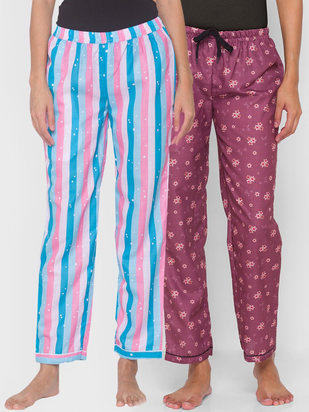 FashionRack Women Pack of 2 Pink & Blue Printed Cotton Lounge Pants Price in India