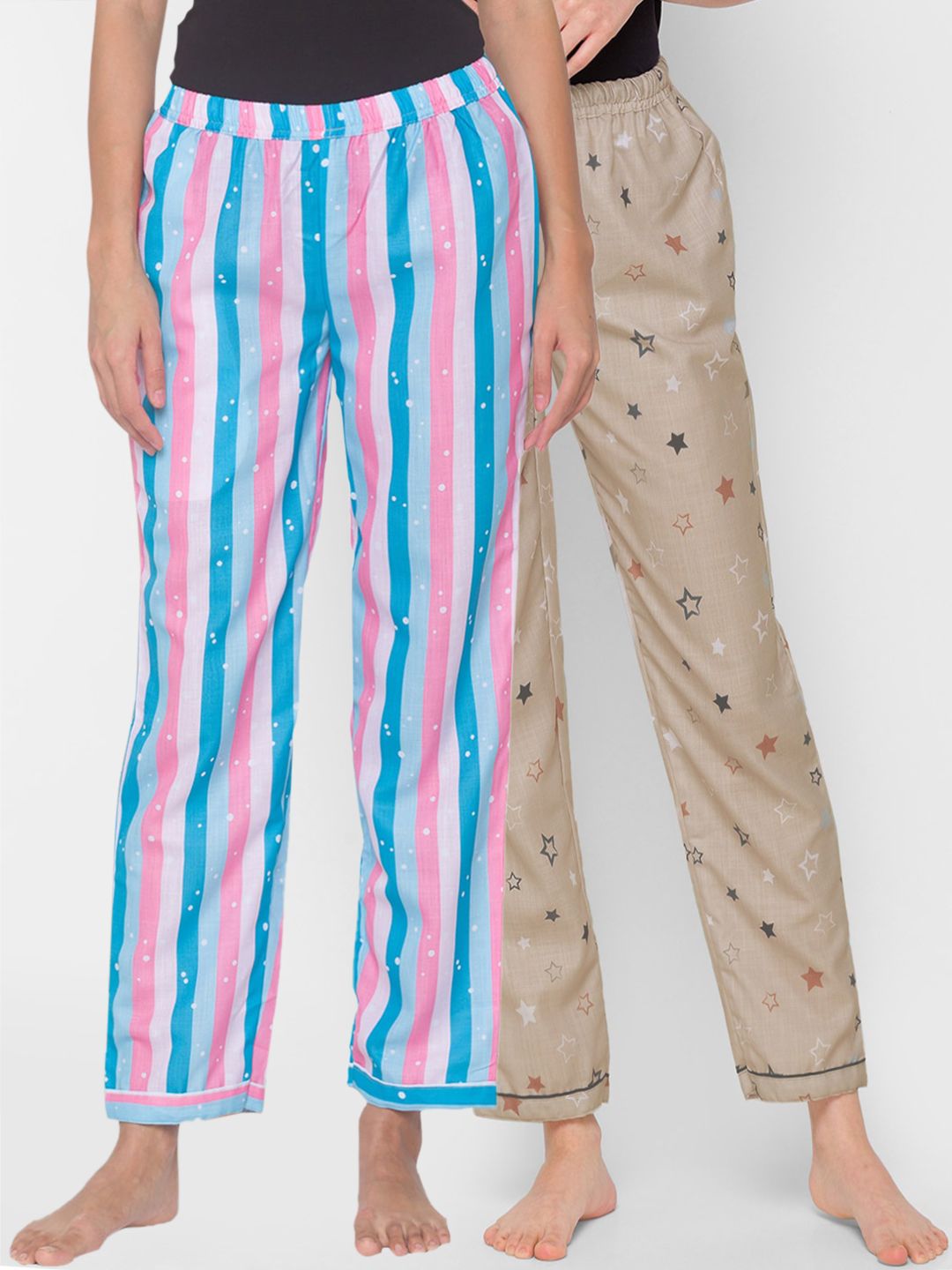 FashionRack Women Pack Of 2 Pink & Beige Printed Lounge Pants Price in India